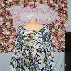 Zac & Rachel Floral Bell Sleeve Blouse - White, Blue & Green